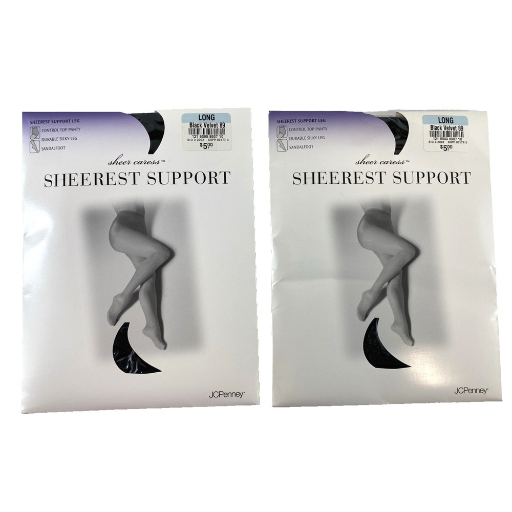 2 JC Penney Sheer Caress Sheerest Support Control Pantyhose Long Black Velvet